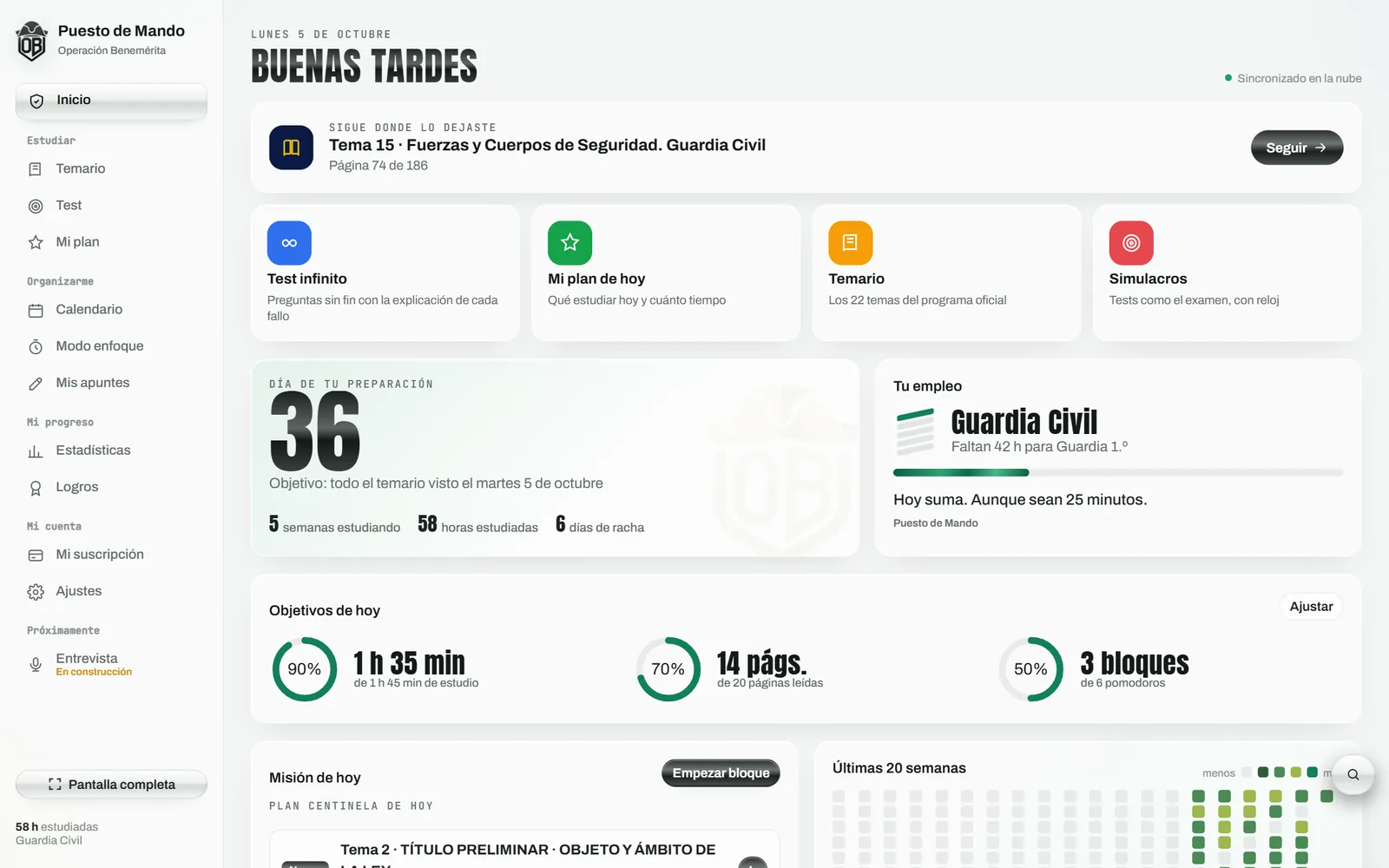 Pantalla de inicio de la plataforma: seguir donde lo dejaste, test infinito, plan de hoy y progreso