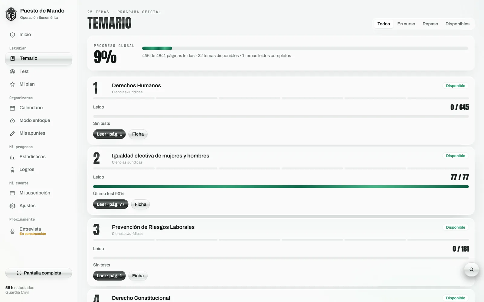 Temario: lista de temas con el progreso de cada uno