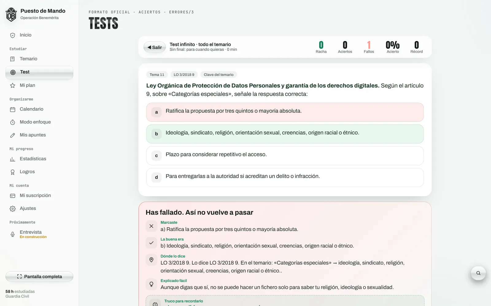 Test infinito: pregunta fallada con la explicación, el artículo y el truco