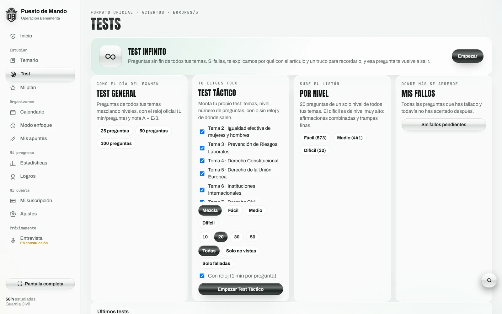 Sección de tests: test general, test táctico y por nivel