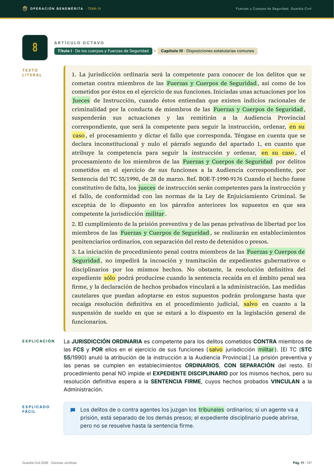 Página real del temario: artículo 8 de la LO 2/1986 con texto literal, explicación y explicado fácil